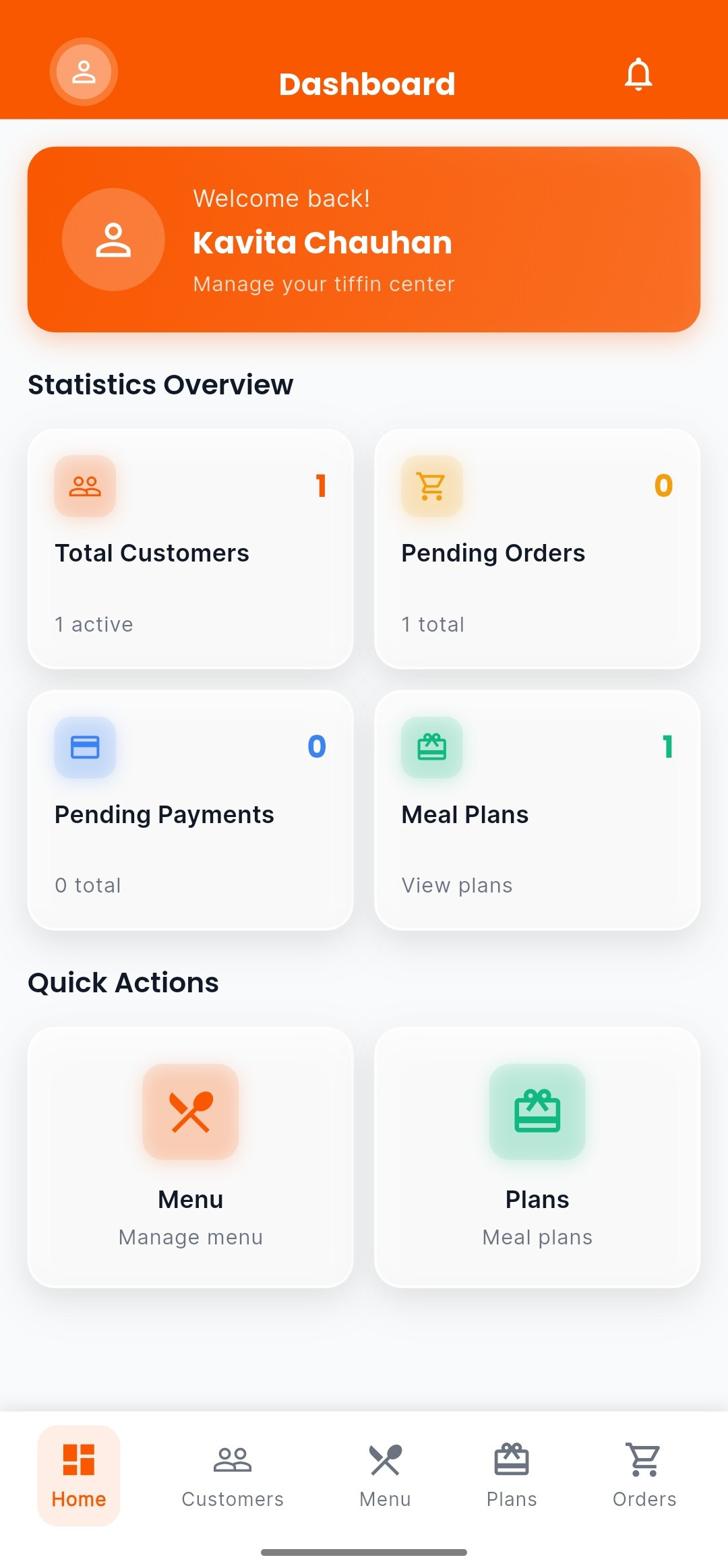 LunchPe vendor app — dashboard, quick actions, and orders